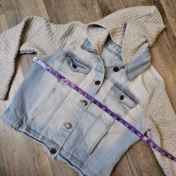 Women's Trucker Jacket Jean Jacket Denim Quilted Jersey Hooded Fitted Size L Jun - Picture 7 of 8